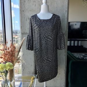 Lapis Black and White Geometric Shape Puff Sleeves Dress L